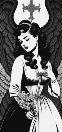 This phone live wallpaper features a striking black and white drawing of an angel holding a bunch of grapes