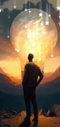 This live wallpaper showcases a man on a mountain holding a light bulb in a visually spectacular digital art display
