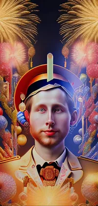 This phone live wallpaper showcases a military uniformed man amid fireworks, a maximalism-inspired piece of digital art