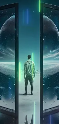 This phone live wallpaper depicts a surrealistic digital artwork featuring a man standing in front of two open doors with glass openings