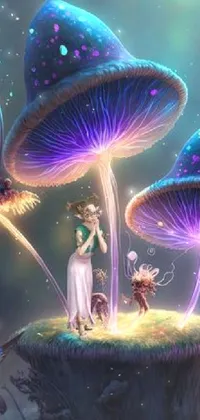 This enchanting live wallpaper depicts a glowing blue butterfly and a fairy sitting gracefully atop a mushroom cap