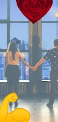 This live wallpaper showcases a romantic scene of a man and a woman holding hands in front of a window