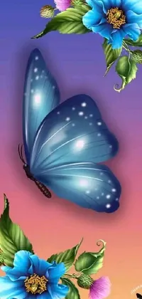 This phone live wallpaper features a stunning blue butterfly perched atop a blue flower against a background of purple and pink hues