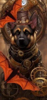 This live wallpaper portrays a German Shepherd wearing a hat decorated with bats, exemplifying unique fantasy style and steampunk machinery