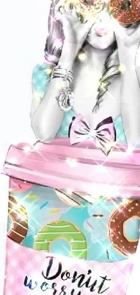 This live wallpaper features a cartoon woman holding a colorful donut with glitter accents and a kawaii aesthetic