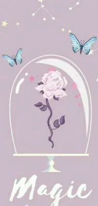 Explore this enchanting, Disney-inspired, minimalist cartoon-style phone live wallpaper complete with a pink rose enclosed in a glass dome and surrounded by vibrant butterflies