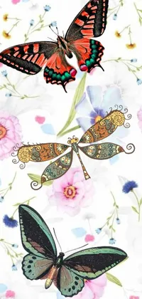 This phone live wallpaper displays a group of colorful butterflies sitting on a white surface, with a dragonfly hovering in the background