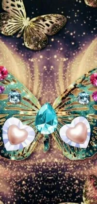 This stunning live wallpaper features a vibrant teal and pink butterfly surrounded by a crowd of multicolored butterflies, all flitting about amongst sparkling gems and iridescent sparkles
