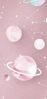 This phone live wallpaper features a beautiful pink background with floating planets and stars, giving it a heavenly marble effect