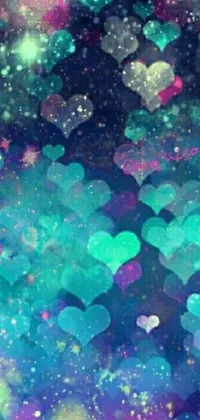 This live wallpaper features a charming design with floating hearts on a teal background with galaxy and star lights