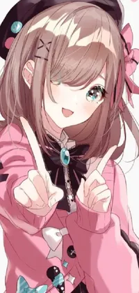 This cute phone live wallpaper showcases a stylish anime girl in a pink coat, whose brown hair flows in a tachisme-inspired backdrop
