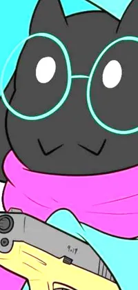 Looking for an edgy and quirky wallpaper for your smartphone? Check out this live wallpaper with a black cat wearing glasses and holding a gun! With a character portrait inspired by Tumblr and in the eye-catching colors of hot pink and cyan, this animatic wallpaper is sure to grab attention