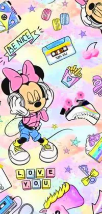 This phone live wallpaper features a colorful Minnie Mouse pattern against a bright pink background