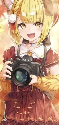 This phone live wallpaper features a stunning artwork of a girl holding a camera in a renaissance autumnal landscape