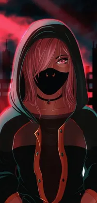 This phone live wallpaper features a cyberpunk-inspired design, showcasing a close-up of a person wearing a hoodie with glowing pink eyes and black canary hair