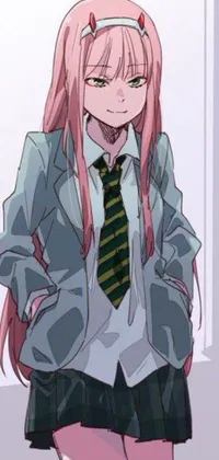 This live wallpaper features a fierce anime-style girl with striking pink hair wearing a sharp suit and tie while also donning a traditional school uniform
