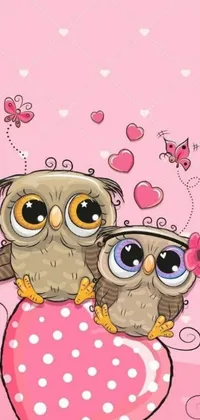 This phone live wallpaper showcases a delightful digital art of two trendy owls resting on a heart-shaped branch, set against a soothing brown and pink color palette