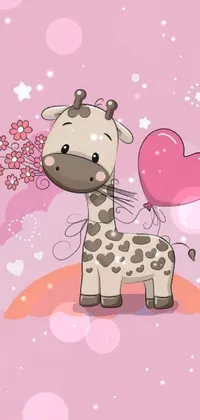 This phone live wallpaper displays a cute cartoon giraffe holding a heart-shaped balloon