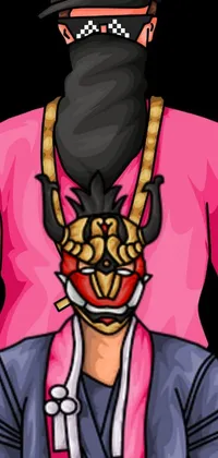 This live phone wallpaper features the portrait of a mysterious character donning a mask and pink shirt amidst intricate chestplate details with a dithered effect