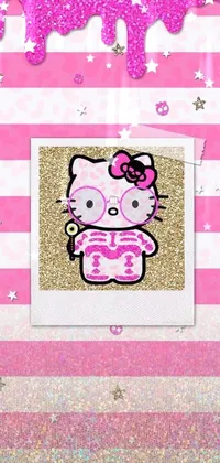 This phone live wallpaper showcases an adorable Hello Kitty character set against a pink glitter background