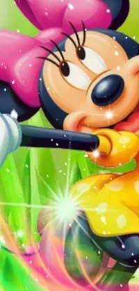 This lively Minnie Mouse live wallpaper features a colorful cartoon depiction of the iconic Disney character