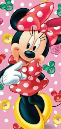 Experience the magic of Disney with this adorable live wallpaper featuring Minnie Mouse! The vibrant and colorful design showcases Minnie Mouse up close, making for a delightful wallpaper that's perfect for any Disney fan