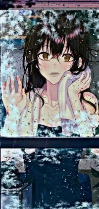 This snowing phone live wallpaper shows a girl in front of a window
