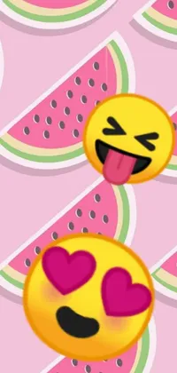 Looking for a fun and playful live wallpaper for your phone? Check out this design that features two smiley faces on slices of watermelon, surrounded by pop art graphics and pink hearts