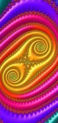 This phone live wallpaper features a colorful and striking computer-generated image of swirling spirals in vibrant shades of orange, purple, and gold
