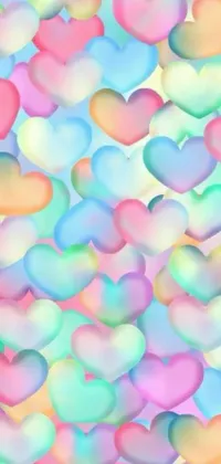 This phone live wallpaper features an array of colorful hearts set against a white digital art background with misty pink, blue, and green accents
