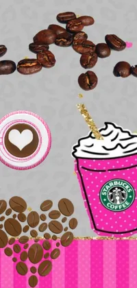 Enjoy a charming coffee live wallpaper featuring a cute cup filled with creamy latte art surrounded by coffee beans