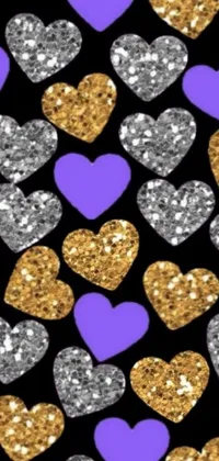 This live wallpaper features glitter hearts on a black background, with silver and amethyst colors contrasted with black and gold