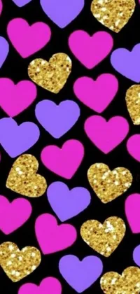 This phone live wallpaper features a colorful display of pink and purple hearts set against a black background, with a touch of sparkle thanks to a glitter gif