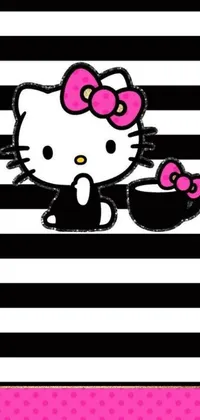 This live phone wallpaper features Hello Kitty in a pop art style against a black and white striped background