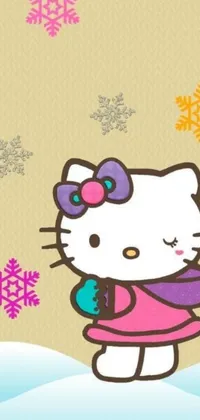 This phone live wallpaper features the popular character Hello Kitty set against a background of falling snowflakes for a festive touch