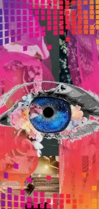 This live phone wallpaper features a detailed close-up of a blue eye with glitch and scribble effects