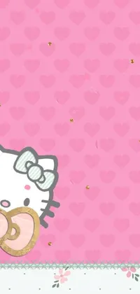 This phone live wallpaper showcases a lovable Hello Kitty alongside a charming teddy bear on a bright and playful pink background