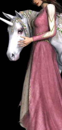 Get lost in a stunning fantasy world with this 4K live wallpaper rendition of a woman in a pink dress next to a majestic white unicorn