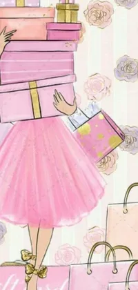 This phone live wallpaper portrays a stylish woman in a pink dress carrying shopping bags