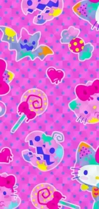 "Download this adorable phone wallpaper featuring a bunch of Hello Kitty stickers on a pink background, sprinkled with colorful gumdrops and candy canes