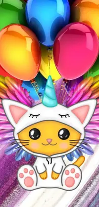 This phone live wallpaper features a charming cat sitting atop a colorful collection of balloons