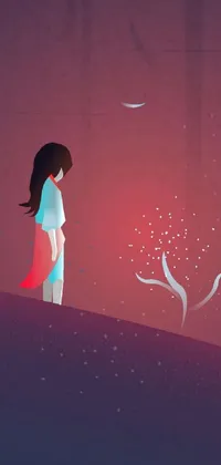 This phone live wallpaper showcases a breathtaking scene of a woman standing on top of a hill, surrounded by falling petals, and next to a tree