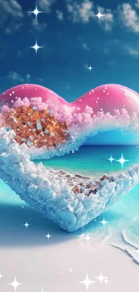 This charming live wallpaper features a heart-shaped, frozen object resting on a sandy, beach-like background