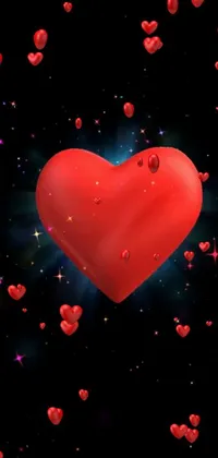 Looking for a beautiful and romantic live wallpaper to decorate your phone screen? Check out this stunning design featuring a large red heart surrounded by smaller red hearts, against a starry night sky with twinkling lights and drops of water