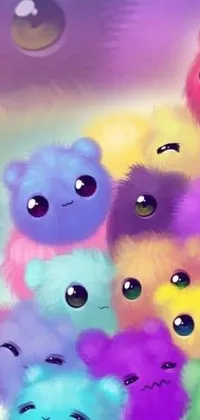 This HD phone live wallpaper features a close-up view of a bunch of pastel-colored stuffed animals with vibrant and bold hues that include pink, blue, and yellow