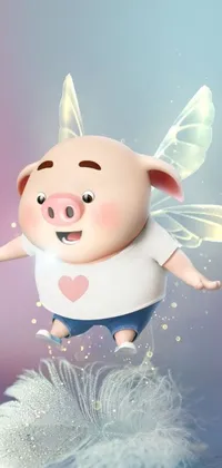 This phone live wallpaper displays an adorable pink pig with wings, soaring happily in the air surrounded by a cute cupid with heart-shaped arrows