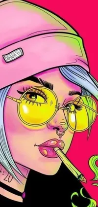 This live smartphone wallpaper depicts a stylish woman donning glasses and a bold pink hat, smoking a cigarette