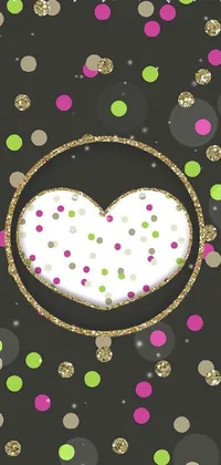 This mobile wallpaper displays a colorful digital art of a heart surrounded by confetti dots