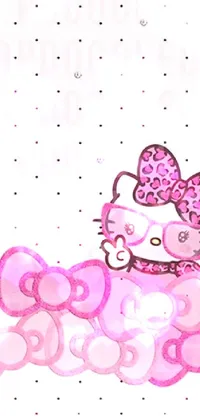If you're a fan of all things cute and colorful, this live wallpaper featuring Hello Kitty is perfect for you! Set against a gradient background of soft pink and purple with occasional sparkles, Hello Kitty sits on top of a pile of hearts, surrounded by bows, ribbons, and polka dots - all in vibrant pop art style