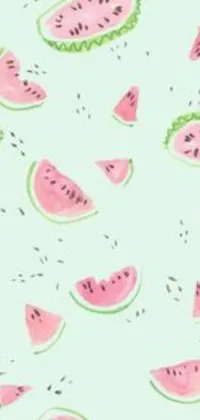 This watermelon slice live wallpaper features a playful and summery pattern on a green background